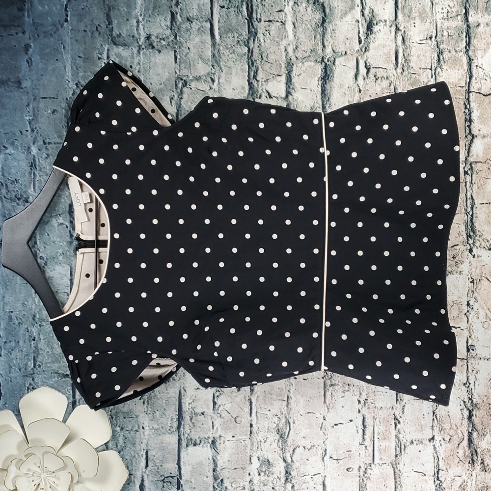 LOFT Black Polka Dot Peplum Blouse with White Trim